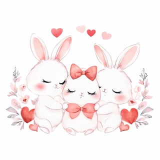 AiArtV,Valentines Day, blush,simple background,white background,dress,bow,2girls,closed eyes,hair bow,heart,no humans,animal,rabbit,heads together,cheek-to-cheek