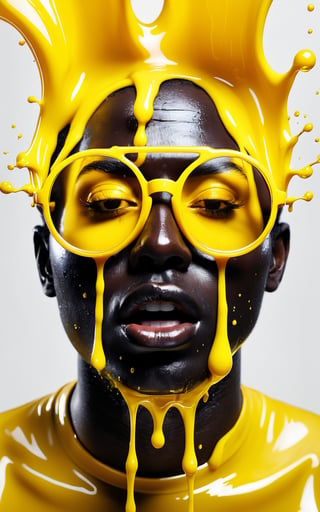 (best quality, 4K, 8K, high-resolution, masterpiece, ultra-detailed, photorealistic), a person with a black face wearing large round [yellow] glasses, [yellow] liquid splashing all around, the liquid appears to be thick and glossy, surreal and abstract design, vibrant and bright [yellow] dominating the image, high contrast between the black face and [yellow] liquid, the liquid looks like it's melting or dripping off the glasses and face, intense and dynamic visual composition, modern and futuristic art style, dramatic lighting, bold and striking visual elements.
