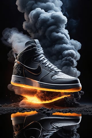 (best quality,8K,highres,masterpiece), ultra-detailed illustration capturing the design process of sneakers, focusing on shoes engulfed in a smoke cloud against a blurry nighttime backdrop. The scene depicts a ground vehicle, subtly reflected in the surface below, adding depth to the composition. The sneakers, the central focus of the image, are shrouded in smoke, highlighting their dynamic design elements and creating an atmosphere of mystery and intrigue. The interplay of light and shadow enhances the visual impact, while the reflection on the ground adds a layer of realism to the scene, immersing the viewer in the urban setting. This artwork is a testament to the creativity and craftsmanship involved in sneaker design, showcasing the fusion of style and functionality in a captivating visual narrative.