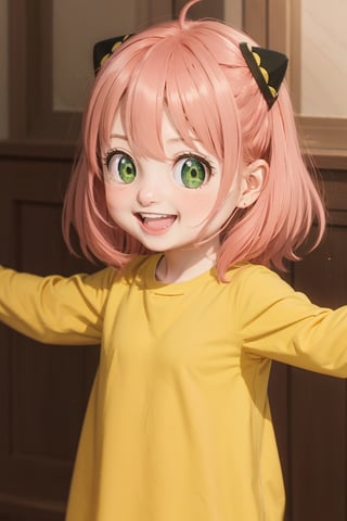 spy x family,  cute tiny, anya forger 1girl, solo, looking at viewer, blush, smile, open mouth, bangs, green eyes, upper body, pink hair, ahoge, :d, teeth, medium hair, upper teeth only, outstretched arms, child, yellow shirt, female child, hairpods, anya (spy x family) spy x family,  cute tiny, anya forger,Epicrealism