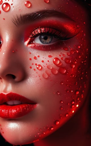 (digital art, ultra-realistic, high detail, high resolution, photorealistic) close-up of a woman's face with eyes closed, illuminated by a deep red light. The face is covered with droplets of red water, creating an abstract geometric pattern. The background is a black-glittered texture, enhancing the sparkle and reflection of the droplets. The woman's eyelashes and lips are accentuated, with the red light adding a shimmering effect. The overall atmosphere is dark, mysterious, and vibrant, with a focus on the contrast between the red and black elements, giving a surreal and captivating visual experience.
