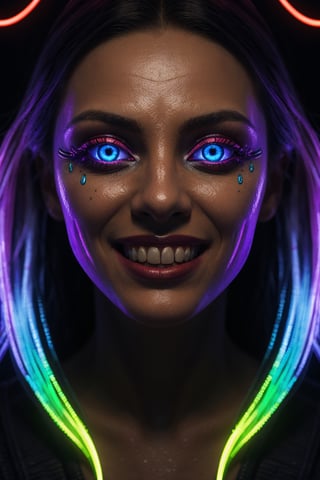 best quality, 8k, ultra-detailed, realistic:1.37, vibrant colors, vivid shading, breathtaking portrait of an alien shapeshifter entity, mesmerizing eyes, intricate facial details, otherworldly skin texture, insane smile, unnerving and intricate complexity, surreal horror atmosphere, dark shadows, inverted neon rainbow drip paint, ethereal glow, hypnotic energy, transcendent beauty, mystical aura, octane render