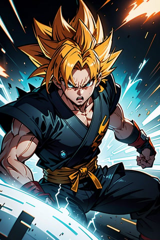 Goku, kaioken style, orange bright aura with bolts, anime, saiyan clothing, (best quality,4k,8k,highres,masterpiece:1.2), sharp focus, angry look, fight pose, intense battle, epic energy waves, dramatic lighting, muscular physique, dynamic composition, powerful punches, energetic fighting moves, vibrant colors, dynamic perspective, aura emanating from the body, fierce determination, iconic character, intense power, fast-paced action, detailed facial features, spiky hair, steely gaze, iconic Super Saiyan transformation, explosive energy blasts, high-impact action, electrifying atmosphere, adrenaline-pumping fight scene, ferocious intensity, iconic outfit, iconic fighting stance, fiery energy surges, world-threatening clash, adrenaline-fueled battle, explosive energy beams, adrenaline rush, immersive artwork, mesmerizing visual effects, atmospheric shading, dramatic tension, epic showdown, exhilarating combat, striking visual style