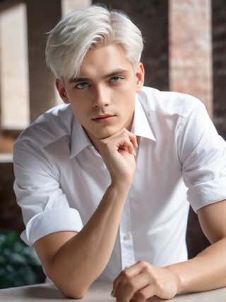 (best quality, 4k, 8k, highres, masterpiece:1.5), ultra-detailed, solo,looking at viewer,short hair,shirt,1boy,green eyes,white shirt,upper body,white hair,male focus,collared shirt,portrait