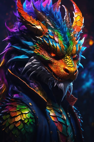 AiArtV, Dragon, (best quality, 8K, highres, masterpiece), ultra-detailed, (photorealistic, cinematic), illustration painting of a luminous and enchanting bad guy undead/human-like creature with vibrant and dynamic anime-style colors. The creature, with dark, colorful hair, strikes a dynamic pose in a brilliantly lit fantasy realm environment filled with a kaleidoscope of colors. The mid-shot composition and rule of thirds depth of field emphasize intricate details, creating a fantastical realm that bursts with subtle and vibrant colors. The use of light particles enhances the scene's grandeur and awe, making it a stunning visual masterpiece in a double-exposure style. The strong outlines contribute to the scene's cinematic feel, creating a super colorful and visually captivating narrative