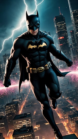 "Generate an image depicting an ultra Sonic-powered version of Batman  in a dynamic and action-packed pose. Show  suit emanating vibrant energy waves, with a futuristic cityscape in the background, highlighting the sheer power and speed of this upgraded superhero."