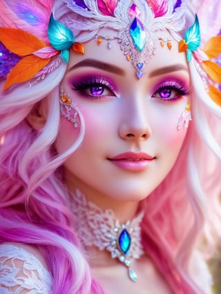 (best quality,8K,highres,masterpiece), ultra-detailed, (fantasy creature, super colorful), featuring a mesmerizing being with heart-shaped pupils, ethereal white hair, and enchanting purple eyes. Their cheeks are adorned with a gentle blush (blush:1.1), and they wear a captivating choker around their elegant neck. The upper body of this fantastical creature is adorned with a shimmering crop top that radiates love and happiness. A cheerful smile graces their face as they emanate an aura of joy and enchantment. Their lace attire and surroundings are a dazzling tapestry of vibrant colors and bokeh, creating a dreamlike atmosphere. Freckles (freckles:0.8) adorn their natural skin texture, adding a touch of uniqueness to their portrait. The scene is an explosion of fantastical hues, making this creature a living embodiment of a vivid and magical world.