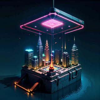best quality,(masterpiece:1.1),small city,neon light, isometric view,high resolution,detailed details,simple background,