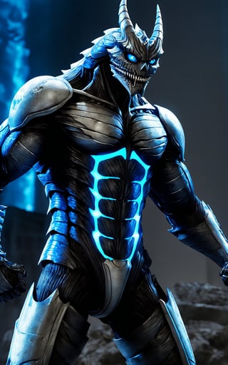 Kaiju No. 8, A striking anime illustration featuring Kafka Hibino in his kaiju form. The character is depicted in a powerful stance, with his entire body covered in a dark, armored exoskeleton. His skeletal face, with a sharp, menacing grin and piercing blue eyes, exudes an aura of intimidation. The armor on his body has glowing blue patterns that run across his chest, arms, and legs, highlighting his muscular physique and adding an otherworldly glow. His right fist is clenched, and his left hand is positioned over his chest, emphasizing his readiness for battle. The intricate details of his armor, including the segmented plates on his legs and the claw-like features on his feet, are clearly visible. The background is a simple white, putting full focus on Kafka's imposing figure and the luminous blue highlights of his kaiju transformation.