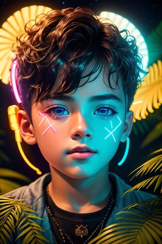 (best quality, 8K, ultra-detailed, masterpiece), (ultra-realistic, photorealistic), A mesmerizing 8K portrait capturing the essence of a solitary boy in a close-up view, his gaze fixed afar, set against the backdrop of a synthwave art style poster. The scene is adorned with lush palm leaves and delicate white flowers, adding an intriguing geometric pattern to the composition. The entire setting is bathed in a neon yellow glow, reminiscent of the synthwave aesthetic, against a dark, starry night sky illuminated by bioluminescent elements. This artwork radiates fortitude and wholesome beauty, inviting you to immerse yourself in its unique and captivating world.