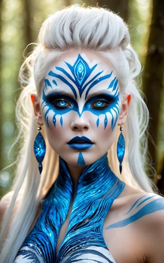(best quality, 8K, highly detailed, ultra-detailed, masterpiece, beautiful), (fantasy, female, forest, mystical, ethereal), an albino woman with long, flowing silver hair and striking bright blue eyes. She has intricate blue and white face paint with tribal designs. She is adorned with blue and silver jewelry, including earrings and a necklace. The background features a forest with soft, dappled sunlight filtering through the trees, adding to the mystical and ethereal atmosphere.