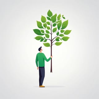 (best quality,8K,highres,masterpiece), ultra-detailed, tree planting, vector illustration, a person holding a plant with a green leaf with a white background