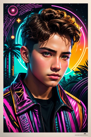 (best quality, 8K, ultra-detailed, masterpiece), (ultra-realistic, photorealistic), A mesmerizing 8K portrait capturing the essence of a solitary boy in a close-up view, his gaze fixed afar, set against the backdrop of a synthwave art style poster. The scene is adorned with lush palm leaves and delicate white flowers, adding an intriguing geometric pattern to the composition. The entire setting is bathed in a neon yellow glow, reminiscent of the synthwave aesthetic, against a dark, starry night sky illuminated by bioluminescent elements. This artwork radiates fortitude and wholesome beauty, inviting you to immerse yourself in its unique and captivating world.