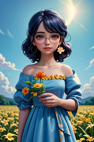 (best quality,portrait,masterpiece:1.2),girl in a blue dress with a hair flower, standing in a vast flower field. The girl is wearing glasses and has beautiful freckles on her face. Above her, the sky is filled with vibrant blue hues, as the sun sets in the distance, casting a warm orange glow. The girl wears delicate earrings that shimmer in the cinematic light.