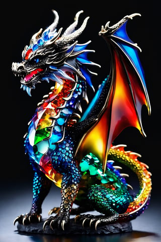 (best quality,8K,highres,masterpiece), ultra-detailed, (super colorful, glass, rhinestone, crystal dragon), featuring a breathtaking baby dragon sculpted entirely from glistening glass, radiant rhinestones, and sparkling crystal elements. This whimsical dragon, with a beaming smile, sits majestically upon a dazzling white background that accentuates its radiant and translucent form. Its tail, full body, and magnificent wings are composed of a vibrant array of prismatic colors, refracting light in a mesmerizing display of brilliance. Its eyes, like black gemstones, add depth and contrast to its ethereal beauty. This dragon, reminiscent of a creature from the world of Pokémon, is a harmonious fusion of materials and colors, creating a stunning masterpiece of art and fantasy.
