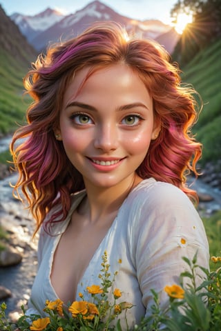 (best quality, 8k, highres, masterpiece:1.2), photorealistic, ultra-detailed, vibrant photography of a woman in nature, cute smile, dramatic lighting, finely detailed beautiful eyes, fine detailed skin, Natural scenery, majestic landscape, colorful flowers, distant mountains, flowing rivers, melting sunset, serene atmosphere, dazzling sunlight, blissful vibes, freckled face, luscious greenery, soft breeze, ethereal beauty