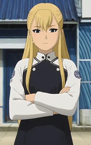 Kikoru Shinomiya with long blonde hair standing in front of a blue and white building, with her arms folded across her chest