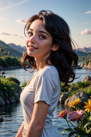 (best quality,8k,highres,masterpiece:1.2),photorealistic,ultra-detailed,vibrant photography of a woman in nature, cute smile,dramatic lighting,finely detailed beautiful eyes,fine detailed skin,Natural scenery,majestic landscape,colorful flowers,distant mountains,flowing rivers,melting sunset,serene atmosphere,dazzling sunlight,blissful vibes,freckled face,luscious greenery,soft breeze,ethereal beauty