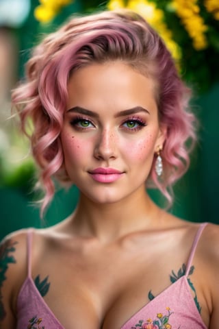 (Create an ultra-detailed photograph) of a stunning ((27-year-old Russian girl)) with a gorgeous and cute appearance. Capture her with a ((smirk)) and highlighting her ((freckles)). She should be wearing a ((green top and pink skirt)). In the background, include a young girl in a green top and pink skirt for context. This should be a ((masterpiece)) with a ((best_quality)) in ultra-high resolution, both ((4K)) and ((8K)), incorporating ((HDR)) for added vibrancy. Utilize a ((Kodak Portra 400 lens)) to achieve a professional and timeless quality. Emphasize a ((blurry background)) with a touch of ((bokeh)) and ((lens flare)) for artistic effect. Enhance ((vibrant colors)) for a lively appearance. Ensure the photograph is ((ultra-detailed)) and showcases ((absurdres)) details. Pay extra attention to capturing the ((beautiful face)) of the subject, focusing on features such as ((large breasts)) and a ((narrow waist)). Highlight any ((tattoos)) present. The goal is to create a ((professional photograph)) that is both visually striking and technically superb.