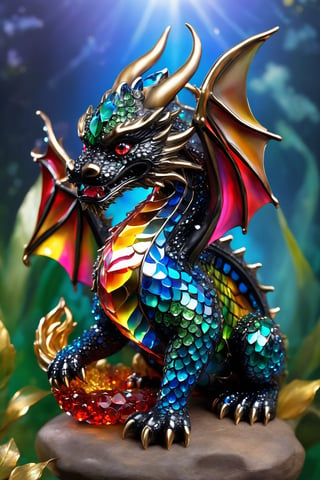 (best quality,8K,highres,masterpiece), ultra-detailed, (super colorful, glass, rhinestone, crystal dragon), featuring a breathtaking baby dragon sculpted entirely from glistening glass, radiant rhinestones, and sparkling crystal elements. This whimsical dragon, with a beaming smile, sits majestically upon a dazzling white background that accentuates its radiant and translucent form. Its tail, full body, and magnificent wings are composed of a vibrant array of prismatic colors, refracting light in a mesmerizing display of brilliance. Its eyes, like black gemstones, add depth and contrast to its ethereal beauty. This dragon, reminiscent of a creature from the world of Pokémon, is a harmonious fusion of materials and colors, creating a stunning masterpiece of art and fantasy.