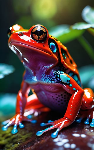 (best quality,8K,highres,masterpiece), ultra-detailed, (alien red frog), an otherworldly red frog with alien features. The frog's body is adorned with exotic patterns and textures, reminiscent of extraterrestrial origins. Its vibrant red skin contrasts with the surrounding environment, adding to its alien allure. The frog's eyes gleam with an otherworldly glow, hinting at its mysterious nature. Feel free to add your own creative touches to enhance the unique and otherworldly qualities of this captivating creature.