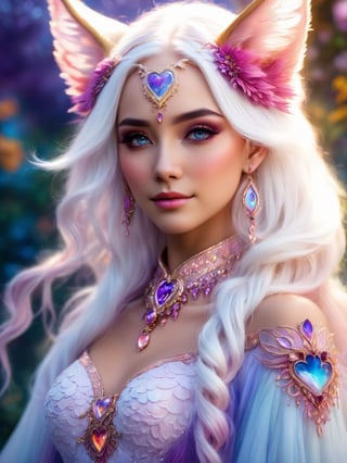 (best quality,8K,highres,masterpiece), ultra-detailed, (fantasy creature, super colorful), featuring a mesmerizing being with heart-shaped pupils, ethereal white hair, and enchanting purple eyes. Their cheeks are adorned with a gentle blush (blush:1.1), and they wear a captivating choker around their elegant neck. The upper body of this fantastical creature is adorned with a shimmering crop top that radiates love and happiness. A cheerful smile graces their face as they emanate an aura of joy and enchantment. Their lace attire and surroundings are a dazzling tapestry of vibrant colors and bokeh, creating a dreamlike atmosphere. Freckles (freckles:0.8) adorn their natural skin texture, adding a touch of uniqueness to their portrait. The scene is an explosion of fantastical hues, making this creature a living embodiment of a vivid and magical world.