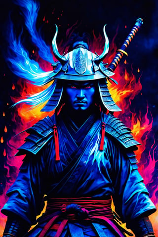 (best quality,8K,highres,masterpiece), ultra-detailed, watercolor-style fantasy art with vibrant and colorful tones. Use tetradic dark colors to depict a samurai in a (dark souls environment), with a focus on the face illuminated by a dark holographic glow in dim light. The samurai, a female with blonde bob hair, is wearing a white cloak with a hood, covering the face. The artwork should feature sharp focus, with magical ((glowy blue burning eyes)) creating a visually striking and colorful concept art. Infuse the scene with lots of thunder, enhancing the overall dynamic and fantastical atmosphere.