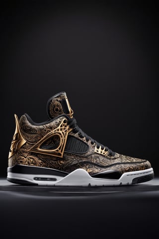 (best quality,8K,highres,masterpiece), ultra-detailed studio photography showcasing a cutting-edge sneakers design. The image features sleek black footwear with intricate tattoo-like patterns, set against a blurry background that adds depth of field and enhances the focus on the shoes. The blurred background creates a sense of mystery and intrigue, drawing attention to the details of the sneakers. This artwork captures the fusion of fashion and artistry, presenting a visually captivating composition that is both stylish and enigmatic.