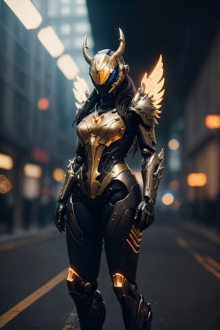 (best quality, 4k, highres, masterpiece:1.2), ultra-detailed, (realistic, photorealistic:1.37), HDR, UHD, studio lighting, extreme detail description, professional, vivid colors, bokeh, armor, mechanical wings, highly detailed goddess, futuristic warframe, humanoid robot, magnificent horns, intricate helmet, mysterious mask, minimalistic background, engaging eye contact, standing alone, dynamic perspective, full body.