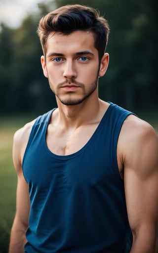 score_9,score_8_up,score_7_up, photorealistic, photography, looking at viewer,short hair,blue eyes,shirt,black hair,1boy,closed mouth,male focus,outdoors,day,blurry background,facial hair,tank top,blue shirt,portrait,realistic