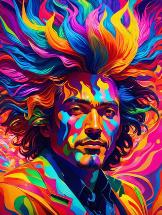 (best quality,8K,highres,masterpiece), ultra-detailed, (super colorful, vibrant), in a mesmerizing and swirling composition, an ethereal madman with wild, multi-hued hair and an enigmatic, mischievous grin captivates viewers. The neon painting bursts with a kaleidoscope of vivid and contrasting shades that bring the character to life in a dazzling display of colors. Elongated limbs and vibrant, pointed facial features add an element of energetic expression and intrigue, while the artist's intricate and vibrant brushwork showcases a masterful skill and unwavering attention to detail. This high-quality image transports us into a world of awe-inspiring wonder, evoking a sense of curiosity and fascination.
