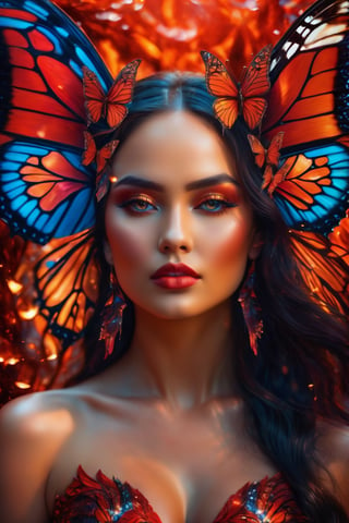 best quality,highres,masterpiece:1.2,ultra-detailed,(realistic,photorealistic,photo-realistic:1.37),beautiful woman (extremely beautiful face:red lips,sparkling eyes),detailed wings with intricate patterns, vibrant colors,soft glow from wings to highlight the woman's beauty,detailed texture on the wings with visible veins and delicate scales,background with molten lava flowing with bright orange-red color, sparkling and reflecting the light,powerful contrast between the woman's beauty and the dangerous lava,butterflies flying around the woman,adding a whimsical and magical touch to the scene.