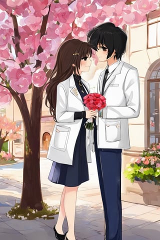 AiArtV,Valentines Day, 1girl,long hair,smile,brown hair,black hair,1boy,dress,holding,brown eyes,jewelry,jacket,flower,hetero,earrings,outdoors,parted lips,day,pants,looking at another,tree,petals,white jacket,couple,building,eye contact,hand in pocket,bouquet,holding bouquet