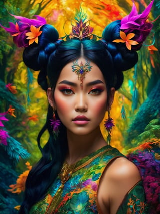 (best quality, 8K, highres, masterpiece), ultra-detailed, fantasy creature with long, flowing black hair fashioned into intricate space buns. In this enchanting scene, she takes on the persona of a mystical forest guardian, surrounded by a breathtaking tapestry of vibrant, iridescent flora and fauna. Her presence radiates an otherworldly aura, and millions of microscopic, shimmering, and multi-colored magical threads emanate from her form, creating a dazzling and vibrant spectacle. The composition showcases her stunningly beautiful silhouette, intricately adorned with luminous plant-like patterns and ethereal creatures, resulting in a vivid and enchanting color palette that transports viewers to a realm of fantastical wonders.