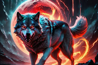 (best quality,8K,highres,masterpiece), ultra-detailed, (closeup of a wolf with fiery red eyes and an angry expression), a closeup of a wolf with fiery red eyes and an angry expression. Sparks are flying around, enhanced by cinematic light effects. The setting is dark fantasy, with smoke swirling in the background. The overall tone is dark, with focus stacking to emphasize the wolf's menacing features and intense gaze. Every detail, from the texture of the wolf's fur to the fiery glow in its eyes, is rendered with meticulous precision, creating a powerful and dramatic image.