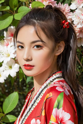 1girl, beautiful detailed eyes, beautiful detailed lips, extremely detailed eyebrows and face, long eyelashes, stripe bead necklace, black hair styled in a spiked ponytail, wearing a simple kimono with red open clothes. The artwork is created using oil paint on canvas, with high resolution and ultra-detailed brushstrokes. The painting showcases a picturesque garden scene with vibrant colors and vivid flowers in full bloom. The girl is depicted standing gracefully amidst the floral landscape, her posture conveying a sense of tranquility and elegance. The lighting in the painting is soft and ethereal, casting gentle shadows on the girl's face and adding depth to the overall composition. The color palette is dominated by various shades of red, creating a warm and inviting atmosphere. The art style blends elements of traditional Japanese art with a touch of contemporary flair, resulting in a captivating fusion of East-meets-West aesthetics