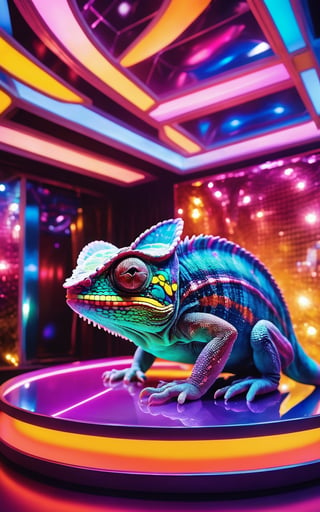 (best quality,8K,highres,masterpiece), ultra-detailed, (cute intergalactic chameleon in a space disco), a charming intergalactic chameleon with multicolored skin, blending seamlessly into a space disco environment. The chameleon's skin shimmers with a myriad of colors, reflecting the vibrant lights and pulsating energy of the disco. The space disco is constructed from comfy flow connections and nodes, creating a futuristic and visually stunning backdrop. Every detail of the chameleon and its surroundings is highly detailed, with intricate patterns and textures adding to the overall aesthetic. The chameleon's skin is translucent, allowing glimpses of its internal structure to shine through in the disco's neon glow. Feel free to add your own creative touches to enhance the whimsical and futuristic atmosphere of this captivating scene.