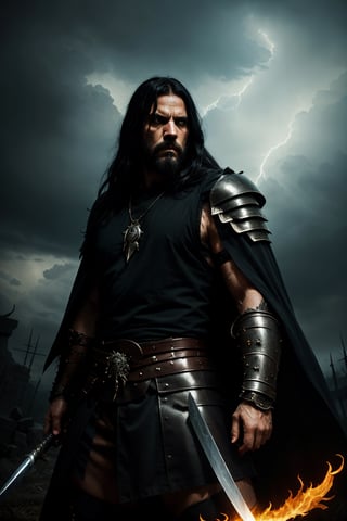 (best quality,4k,8k,highres,masterpiece:1.2),ultra-detailed,dark fantasy,warrior,a man,dirty black hair and beard,detailed black armor,large sword,ominous atmosphere,shadowy background,sinister lighting,heavy metal,gritty textures,mystical aura,foreboding presence,mysterious eyes,menacing expression,intense gaze,weathered battle scars,evil enchantment,epic battle scene,thunderous skies,eerie mist,sharp focus,intimidating stance,dangerous warrior energy,ancient symbols,enchanted amulet,heroic proportions,mythical creatures,ominous clouds,ragged cape,menacing silhouette,demonic presence,dreadful power,dark magic,ferocious combat,noble warrior spirit,majestic yet brooding,empowered by darkness,commanding presence,unyielding strength,intense battle cries,extreme detail description,realistic,photorealistic:1.37