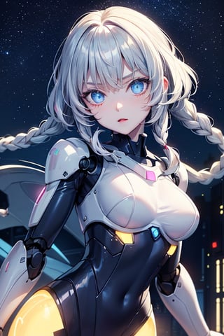 robot girl,queen,twin_braids,silver hair,cute face,science_fiction,fighting_stance,bright_eyes,eyeball,bright stars,beautiful detailed starry sky,starry sky,shine,medium_breasts,intense shadows,beautiful detailed glow,cinematic lighting,best shadow,depth of field,detailed light,light_leaks,kawaiitech