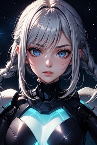 robot girl,queen,twin_braids,silver hair,cute face,science_fiction,fighting_stance,bright_eyes,eyeball,bright stars,beautiful detailed starry sky,starry sky,shine,medium_breasts,intense shadows,beautiful detailed glow,cinematic lighting,best shadow,depth of field,detailed light,light_leaks