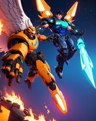 3D style, 1boy, dark skin 25 yo boy, male,(((dark-skinned man))), black hair, looking at viewer, brown eyes, smile, lips, wearing a future tech mech gear painted in white, black and gold, four neon tech wings, (wielding a futuristic sword), flying in the sky, like an angel in futuristic tech wear, archangel pose, like ready for battle, high quality image, 8k, 64k, heavenly background, big tech fire mech wings,  holding sharp neon sword with both hand, 4 wings DonMl1ghtning,android 18, full_body photorealistic image, mecha musume,mercy,letho_soul3142, Kagami Taiga ,3DMM,Rogue,handsome boy,vane /(granblue fantasy/)