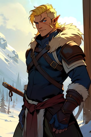  blonde hair blue eyes, male, (masterpiece), cowboy stance , athletic, fur, athletic build, letho_soul3142, fo,vox machina style, pointy ears, barbarian, armor, undercut, 1girl