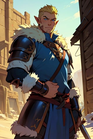  blonde hair blue eyes, male, (masterpiece), cowboy stance , athletic, fur, athletic build, letho_soul3142, fo,vox machina style, pointy ears, barbarian, armor, undercut