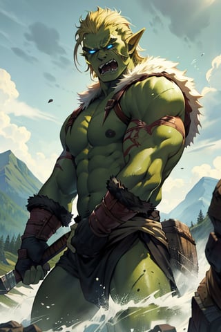 warrior on a mountain, blonde hair blue eyes, male, (masterpiece), pointy ears, short hair, barbarian , cowboy stance, gloomy mountain , war torn, dark forrest, athletic, rage, clean shaven, fur, athletic build, orc, half orc, green skin, different skin color, large teeth, tusk, orc teeth, strong jaw