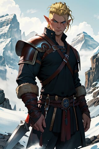 Viking warrior on a mountain, blonde hair blue eyes, male, (masterpiece) , handsome, pointy ears, short hair, undercut, barbarian , cowboy stance, with a sexy lady, gloomy mountain, assassin