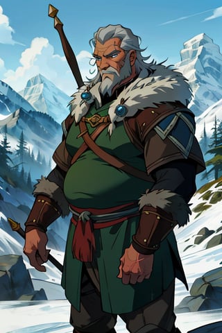blue eyes, male, (masterpiece), cowboy stance , fur, letho_soul3142, fo,vox machina style, barbarian, greying hair, handsome, older, old man, ,the legend of korra barbarian, fat, leather, in the mountains, wizard staff in hand,  noble, elder, chieftain 