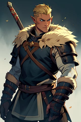  blonde hair blue eyes, male, (masterpiece), cowboy stance , athletic, fur, athletic build, letho_soul3142, fo,vox machina style, pointy ears, barbarian, armor, undercut, handsome 