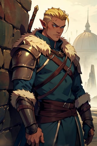  blonde hair blue eyes, male, (masterpiece), cowboy stance , athletic, fur, athletic build, letho_soul3142, fo,vox machina style, pointy ears, barbarian, armor, undercut, handsome, young 