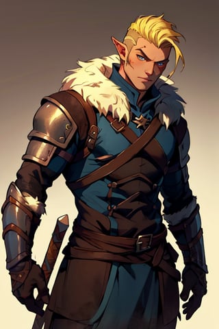  blonde hair blue eyes, male, (masterpiece), cowboy stance , athletic, fur, athletic build, letho_soul3142, fo,vox machina style, pointy ears, barbarian, armor, undercut, handsome, young 