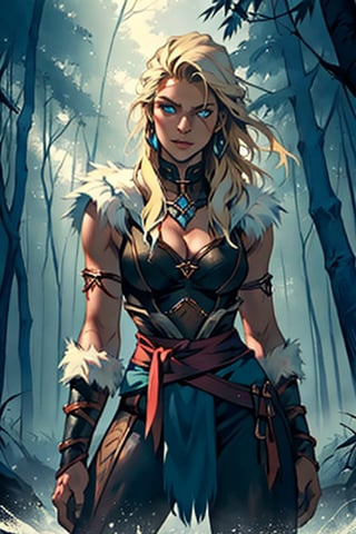 Female (masterpiece), cowboy stance , letho_soul3142, blue eyes,  blond hair , dark Forrest background, magical powers, sexy, large breast, thing waist, beautiful, long hair, long flowing hair, barbarian, fur, amazonian